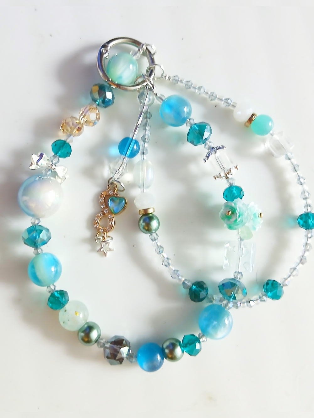 Handmade Blue Teal Beaded Phone/Purse Charm Set with Flower Accent
